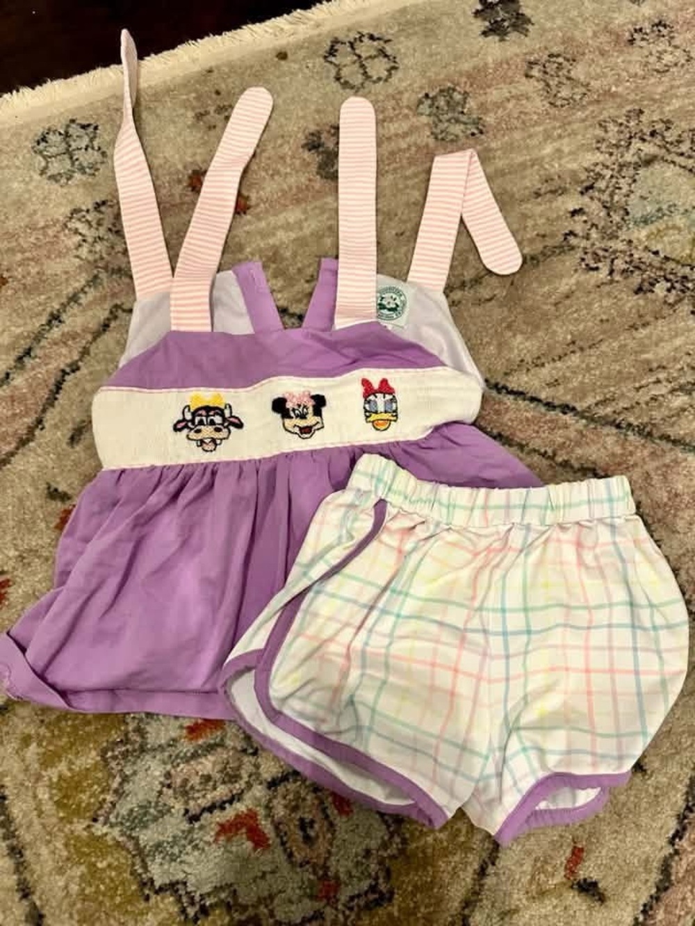 Classic Southern Smocks Purple Character Sundress and Pastel Plaid Shorts Set